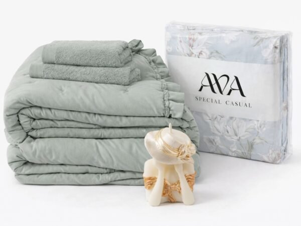 מארז מצעים זוגיים TULIP , שמיכה זוגית , סט מגבות פנינה ונר אישה