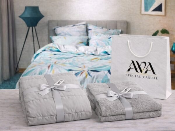 מארז מצעים זוגיים GENNA , שמיכה זוגית  MILA GREY, סט מגבות