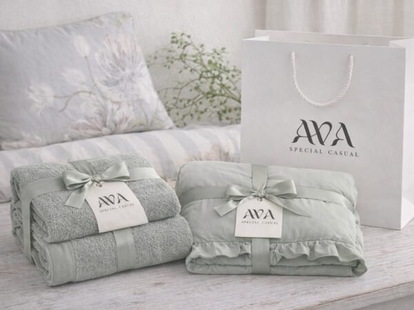 מארז מצעים זוגיים TULIP , שמיכה זוגית  BURKHAM SAGE , סט מגבות