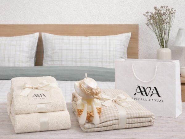 מארז מצעים זוגיים BROOKLYN , שמיכה זוגית , סט מגבות פנינה ונר אישה